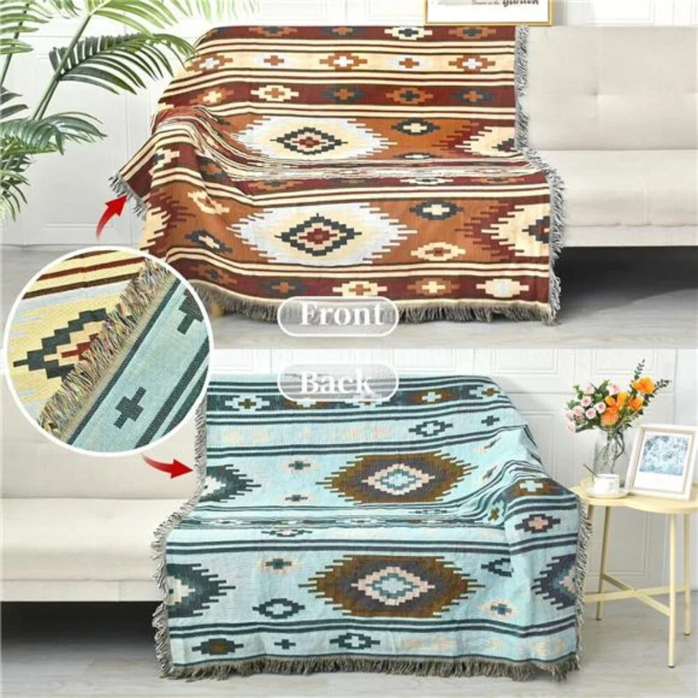 Boho Throw Blanket Reversible Cotton Tapestry Hippie Room Decor